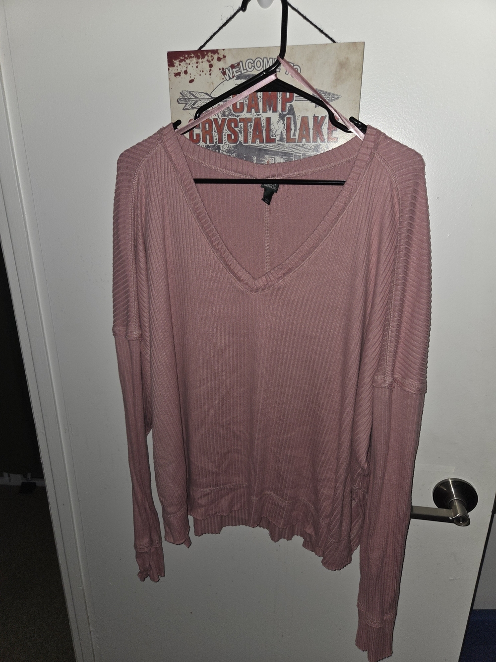 Women's V-Neck Ribbed Long-Sleeve Top - Dusty Rose